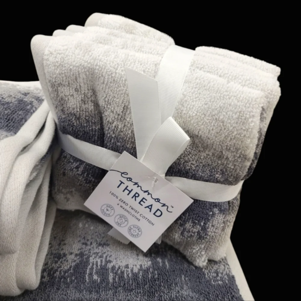 8pc COMMON THREAD 100% Zero Twist Cotton Bath Towel Set Grays / White New